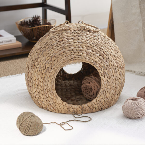 f483719a910b4cabb98044bfdbd84caa_20240320_126c737e122d34e946f418d9c9c1f080 Gertrude Water Hyacinth Woven Wicker Round Cat Bed Cave with Handles - 18" x 18" x 18" - For Any Size Cat Breeds, Chihuahua and Use with Cat Tower