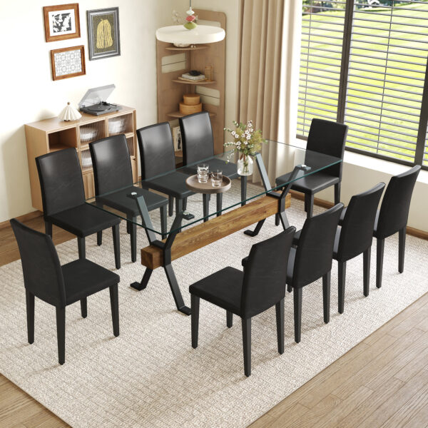 f4865e1580ab407d8c96a5df20426659_beac1fbb09665853c5546de16061721f Table and chair set.79"x31.5" Inch Tempered Glass Tabletop With X-shaped Black Metal Table Legs,Wood Grain Textured MDF Crossbeam.Paired With 10 Black PU Dining Chairs, Simple And Versatile.