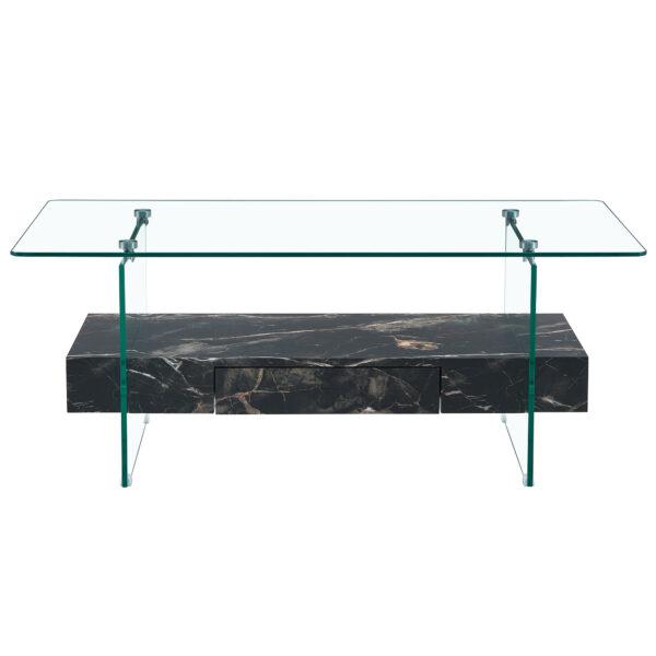 f495fcd50317473ebc42faee346a5ea5_2481d354d87c97ee994ee2c95790b098 43.3 Inch Modern Two-Tier Coffee Table - Clear Tempered Glass and Black Marble Texture, Multifunctional Storage Design.The bottom tier includes a drawer.Can be used as a coffee table,side table,etc.