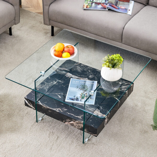 f4b8ca787a4748bab78e35a9b0b4f33c_e8f51458a867f28d6eb4f65a7932aee4 31.4 Inch Modern Two-Tier Square Coffee Table - An Elegant Combination of Clear Glass and Black Marble Pattern Sticker.It can be used as a coffee table,a side table or a display stand.