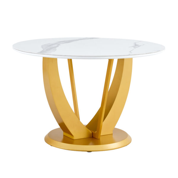 f4c6333e568c4f2ca76cd44ee3eaaa4b_d04f46505eae8d9c81d39a91012bad23 A modern minimalist round white patterned table top measuring 48 inches in diameter with gold MDF legs. Suitable for dining and living rooms.