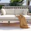 TREXM Outdoor Daybed, Patio Daybed with Four Pillows, Wooden Outdoor Bed with Curved Armrests for Poolside, Backyard, Garden (Gray+Beige Cushion)