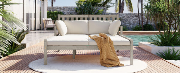 TREXM Outdoor Daybed, Patio Daybed with Four Pillows, Wooden Outdoor Bed with Curved Armrests for Poolside, Backyard, Garden (Gray+Beige Cushion)