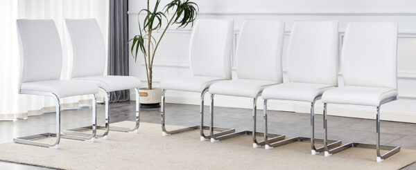 f4eb6eab735844b18c35d2e61161dbcc_01b8a60611f80b9956a7ae5499ef2002 Luxury Simple Arch Chair - Set of 6 White PU Material High Resilience Dining Chair with Arched Metal Silver Leg.