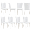 Modern minimalist chairs, white PU back and seat cushion, white metal legs,suitable for dining room,living room.Cream-Style dining chairs with a vertical line design on backrest.Eight Pieces Of Set.