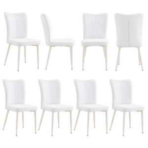 Modern minimalist chairs, white PU back and seat cushion, white metal legs,suitable for dining room,living room.Cream-Style dining chairs with a vertical line design on backrest.Eight Pieces Of Set.
