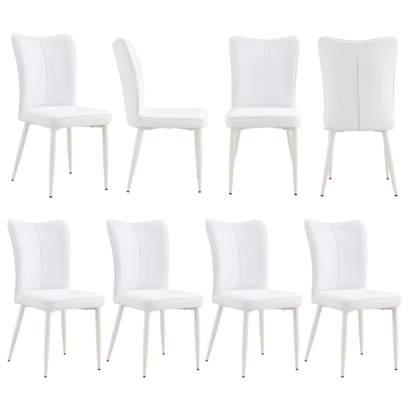 f4f007527f8f4068a25e740c0a64ecc6_6a54ffd8a76b7cf4b21866ce9d2e1ea5 Modern minimalist chairs, white PU back and seat cushion, white metal legs,suitable for dining room,living room.Cream-Style dining chairs with a vertical line design on backrest.Eight Pieces Of Set.