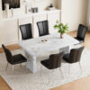 Table and chair set.63"*35.4" White Imitation Marble Pattern MDF Dining Table Set - 6 Black PU Chairs with a vertical stripe design on the backrest.Create Your Exclusive Low-Key Luxury Space.