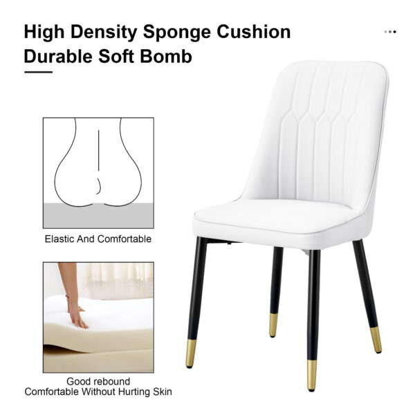 f4f5e368e5a147c5981a11844a09421a_df3f925740183fda30edd4223e1276c9 Table and chair set.The table has a glass top with imitation marble pattern stickers and stainless steel golden legs. Paried with chairs with PU artificial leather backrest cushions and black legs.