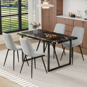 Table and chair set.Modern Black Marble Pattern MDF Dining Table Set-55"x31.4" with 4 Extended Seat Cushion PU Dining Chairs.Light Gray Cushion.Iron Pipe Spraying Chair Legs.