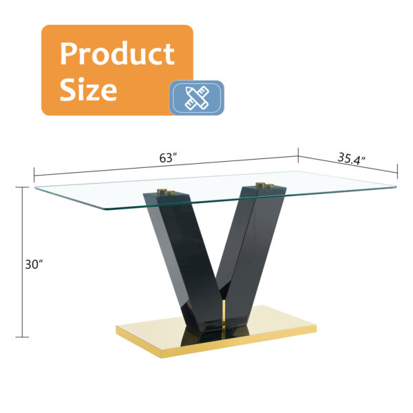 Large Modern Minimalist Rectangular Glass Dining Table for 6-8 with 0.4" Tempered Glass Tabletop and MDF slab V-Shaped Bracket and metal base,For Kitchen Dining Living Meeting Room Banquet Hall F-V