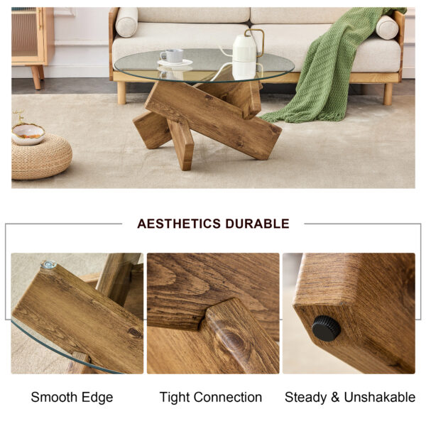 Circular glass coffee table, 33.4-inch modern and distinctive design tea table. Tempered glass countertop, wood colored MDF table legs. Suitable for living rooms and farmhouses