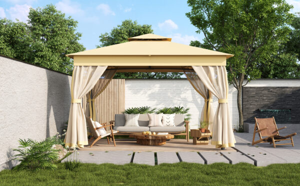 TREXM 10x12 Outdoor Gazebo Tent with Double Roofs, Patio Gazebo with Mosquito Netting, Patio Canopy for Backyard, Garden, Lawn and Deck (Beige)