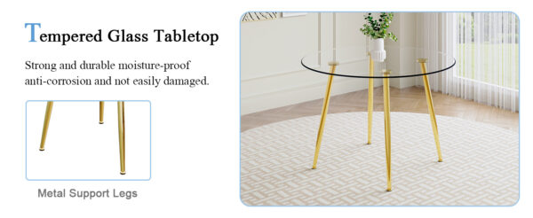 f546a2d06013448a9b3576985c7e310f_07136ff9d5b119acc1b4ad95cc88ff2a A modern minimalist style round transparent tempered glass table with gold metal legs, paired with 6 modern PU leather high-back dining chairs ,bring a luxurious experience.
