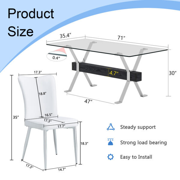 f55fe3af9bc34d0c883601678a056ec0_ad1040482c8a196f9b4cfdf19e953298 Table and chair set.Elegant Transparent Tempered Glass Dining Set - 71"x35.4" with 8 White PU Chairs with a vertical stripe design on the backrest.