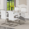 Table and chair set.63*31.4 Inch Pandora Patterned Sintered Stone Dining Table Set - 4 White PU Chairs With Silver Metal Legs.Modern Light Luxury.Perfect For Dinner Room,Meeting Room,Kitchen,etc.