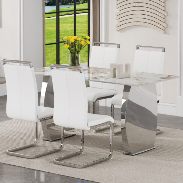 f56ffc58ab4d421bbf6fd644c1f75a6f_1010c89238017a91a0118dfdab5d5da0 Table and chair set.63*31.4 Inch Pandora Patterned Sintered Stone Dining Table Set - 4 White PU Chairs With Silver Metal Legs.Modern Light Luxury.Perfect For Dinner Room,Meeting Room,Kitchen,etc.