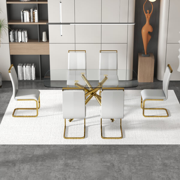 f58f7e01e5d34fa5b4485bec7bbdc819_20230717_c47db6c6994138f7611c53b1499e023b Large Modern Minimalist Rectangular Glass Dining Table for 6-8 with 0.39" Tempered Glass Tabletop and Golden Plated Metal Legs,for Kitchen Dining Living Meeting Room Banquet hall 71'' x 39'' x30''1537