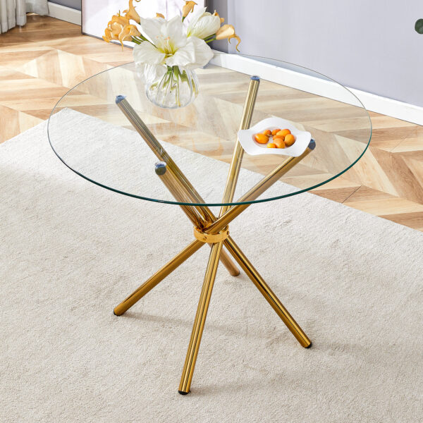f59729d50b614f7cbccec130593e860e_26b96bb5c931724a14f0f44d67ad2c81 Round clear glass dining table with a unique shape for 4-6 people, with ring-shaped gathered gold metal legs, suitable for desks, kitchens, terraces, dining rooms.