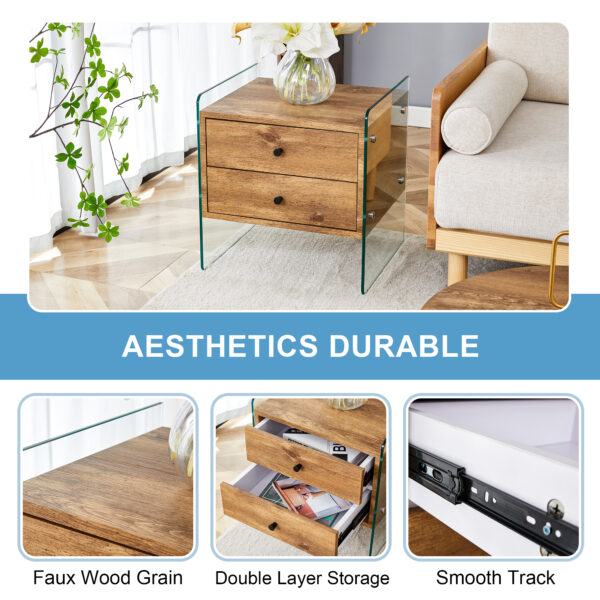 f5af7351670a4c9091651b07f0c5f5a8_17d9039bff4cbea4173fa452a5716091 Double-drawer bedside table. The board surface is MDF sticker, and both sides are transparent tempered glass. The design is simple and elegant, with excellent storage functions.