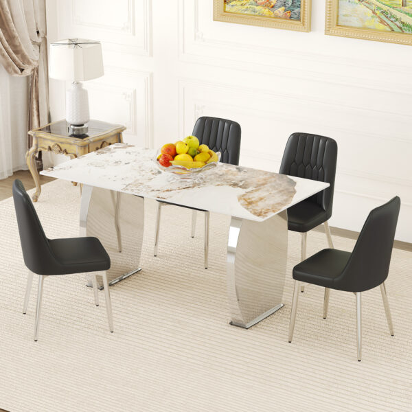 f5c3e784eb9746d9b1052b5cc31af9f2_01abfa4543f23144f593f0494e000b6d Table and chair set.63*31.4 Inch Pandora Patterned Sintered Stone Dining Table Set - 4 Black Chairs With Silver Metal Legs.Modern Light Luxury.Perfect For Dinner Room,Meeting Room,Kitchen,etc.