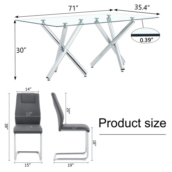 f5c6260e481b4ce4b42badd4af31e2b1_ca5b520ae9eb90994f3f64b87c458e49 Table and chair set.71''*35.4'' Inch Modern Luxurious Transparent Tempered Glass Dining Table Set with 8 Chairs.Double Fork Silver Metal Table Legs.Dark Gray High-quality PU Dining Chairs.
