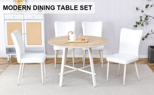 f5c9d15d414a4cd69e3e99b1b675258a_d5f38bb6ceba83e94183c1a16e464a5e Table and chair set, MDF desktop, white metal table legs, stable and beautiful, suitable for most styles of home. Modern simple dining table, comfortable seating.