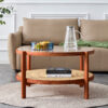 Modern minimalist circular double-layer solid wood coffee table, craft glass tabletop, second layer material: PE rattan, solid wood frame. 34.6 '* 34.6' * 17.7''