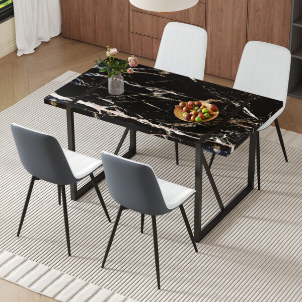 f5d71f3d384d44f78a008889d8b0be3d_4cc8e1b1019de74a3d75566d8419d392 Table and chair set.Modern Black Marble Pattern MDF Dining Table Set-55"x31.4" with 4 Extended Seat Cushion PU Dining Chairs.White and Dark Gray Splicing Colors Cushion.Iron Pipe Spraying Chair Legs.