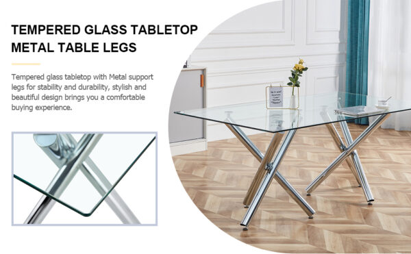 f5ef338060194b298db89e02939a4688_d11b9bf198c28bc727f6fa85b3479c47 Table and chair set.71''*35.4'' Inch Modern Luxurious Transparent Tempered Glass Dining Table Set with 6 Chairs.Double Fork Silver Metal Table Legs.White High-quality PU Dining Chairs.