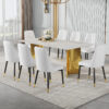 Table and chair set.The table has a glass top with imitation marble pattern stickers and stainless steel golden legs. Paried with chairs with PU artificial leather backrest cushions and black legs.