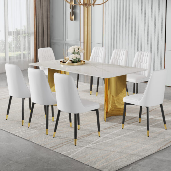 f5f73419eaa443568e6254bd21863af6_e8e41a11e44e8ae197e6f084b7008357 Table and chair set.The table has a glass top with imitation marble pattern stickers and stainless steel golden legs. Paried with chairs with PU artificial leather backrest cushions and black legs.