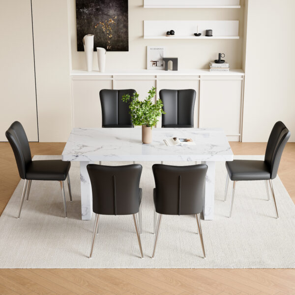 f5fdf516fac549b18b34e46ef10c935d_32900bb15980838157b7d60fdc88b6c9 Table and chair set.63"*35.4" White Imitation Marble Pattern MDF Dining Table Set - 6 Black PU Chairs with a vertical stripe design on the backrest.Create Your Exclusive Low-Key Luxury Space.