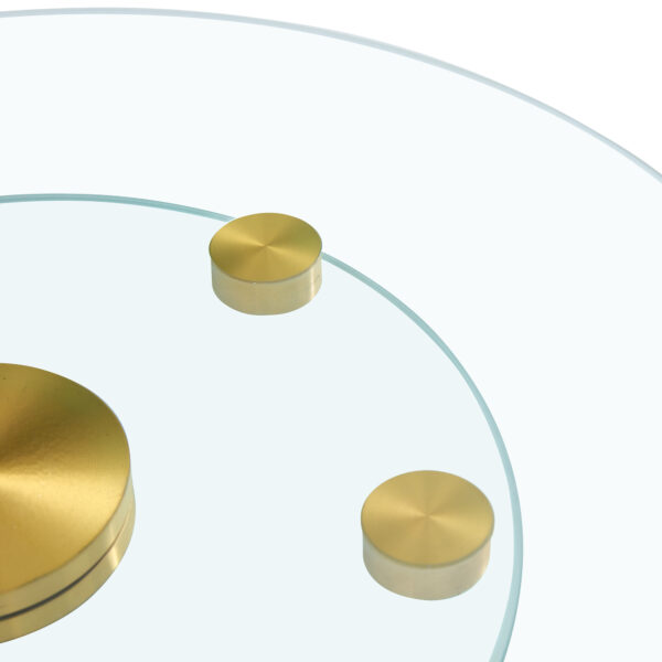 f61c801cc9f941b3a453bb3dd0b9f9fa_ef6d2a356c6c7031957e37966cdcf9f5 Double layer rotatable round glass.Golden aluminum plate,The rotatable design makes it convenient to retrieve and place items.The upper glass has a diameter of 20 inches,the lower glass15 inches.