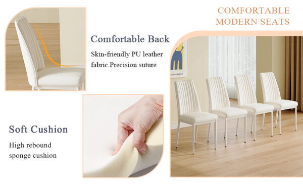 4 Dining Chair Set, White Dining Chair Set, PU Material High Back Seat and Sturdy White Leg Chair for Dining Room, Kitchen and Living Room c-010