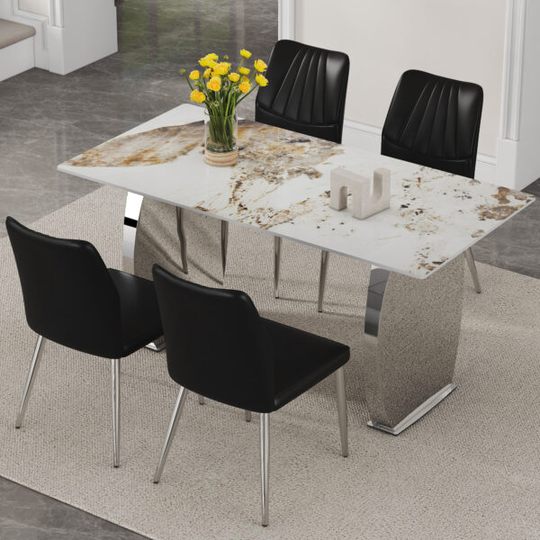 f652c6809ba84f49a20176302db244cf_6b7a1127f2832539a3ca69a73b15e1e5 Table and chair set.63*31.4 Inch Pandora Patterned Sintered Stone Dining Table Set - 4 Shell Textured Black Chairs, Modern Light Luxury.Perfect For Dinner Room,Meeting Room,Kitchen,etc.