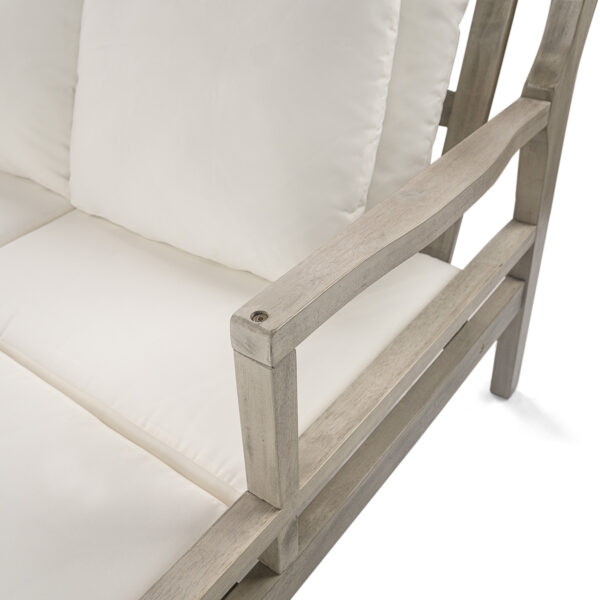 TREXM Outdoor Daybed, Patio Daybed with Four Pillows, Wooden Outdoor Bed with Curved Armrests for Poolside, Backyard, Garden (Gray+Beige Cushion)