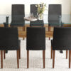 Table and chair set.79"x31.5" Inch Tempered Glass Tabletop With X-shaped Black Metal Table Legs,Wood Grain Textured MDF Crossbeam.Paired With 8 Black PU Dining Chairs with Walnut Color Metal Leg.