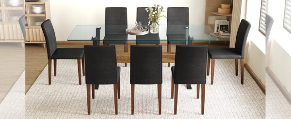 f66b0dadb28c4f1fa8bf0402e7157fb2_c7e8502c309d4594f6782836fa21af52 Table and chair set.79"x31.5" Inch Tempered Glass Tabletop With X-shaped Black Metal Table Legs,Wood Grain Textured MDF Crossbeam.Paired With 8 Black PU Dining Chairs with Walnut Color Metal Leg.