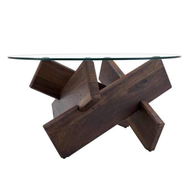 f6736483412a4218ab5ee527b02f4ae9_0ca0fbedda017aeba3bc38f97055c96c Round glass coffee table, 33.4" modern design unique coffee table. Tempered glass top with Walnut colored texture sticker MDF legs. Suitable for living and dining rooms