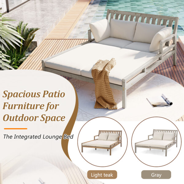 TREXM Outdoor Daybed, Patio Daybed with Four Pillows, Wooden Outdoor Bed with Curved Armrests for Poolside, Backyard, Garden (Gray+Beige Cushion)