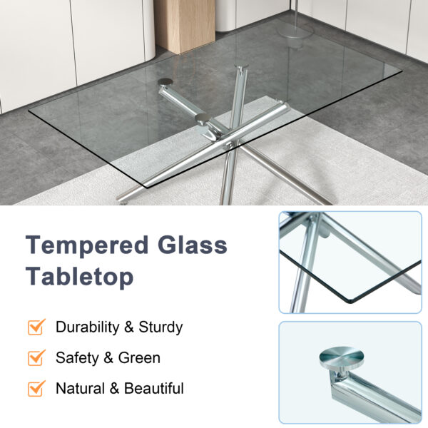 f69b581b1022425c84e6555881170c23_a0bcdd9a09c7fcc19483d4b657b2117d Table and chair set.Modern Luxurious Transparent Tempered Glass Dining Table Set with 6 Chairs.Single fork silver metal table legs.White high-quality PU dining chairs with silver metal legs.