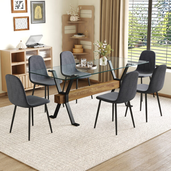 f69cdbb037f6444ab6fca3b2d1aa227a_a0c7e28230a81e4291870474cef74f56 Table and chair set.79"x31.5" with X-shaped Black Metal Table Legs,Wood Grain Textured MDF Crossbeam.Paired With 6 Chairs Made Of Dark Gray Lnen Fabric.Iron pipe spraying Legs.