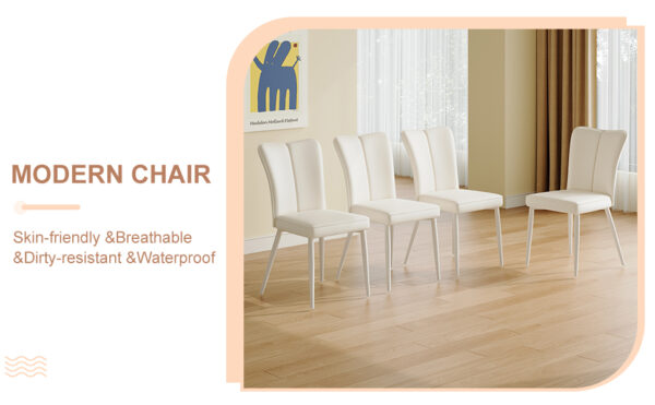 Modern minimalist dining chair, white PU leather curved back and seat cushion, white metal chair legs, suitable for dining room, bedroom, living room. A set of four chairs. 008