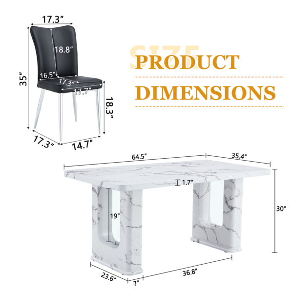 f6b9b2bfaef2494bb29877a8b8332d20_e063de557f645aecd25abd99eb119589 Table and chair set.64.5x35.4 Inch Stylish White Marble Textured Dining Table.Paried With 6 Black PU Chairs with a vertical stripe design on the backrest.Create Your Exclusive Low-Key Luxury Space.