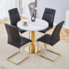 Table and chair set.31.5 Inch Elegant White Marble Pattern Round Dining Table - Suction Molding Annular Texture.Paired With 4 Black High-quality PU Chairs With Arched Golden Metal Legs.