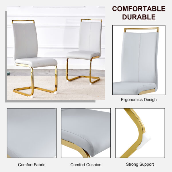f6d7aa90271c45ec90e1eb49c5ba7170_2a7e23cba09321314ee4fe5bc2e65adc Table and chair set.Elegant Transparent Tempered Glass Dining Set - 71"x35.4" with 8 Light Gray PU Chairs with golden C-tube metal leg.X-shaped Golden Metal Table Legs,Black Textured MDF Crossbeam.