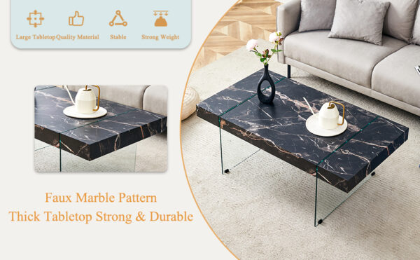 f6e1195244814222b0b50b821ff7a261_9d5f03c7c42278dcb74f7fb13878ede2 43.3"x23.6" Black Marble-Patterned MDF Coffee Table with Tempered glass legs.Suitable for Living Room.It can be used not only as a coffee table but also as a side table or display stand.