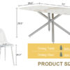 Table and chair set.Modern Luxurious white Marble-Patterned Tempered Glass Dining Table with 6 Transparent Plastic Chairs with silver legs.Single fork silver metal table legs.