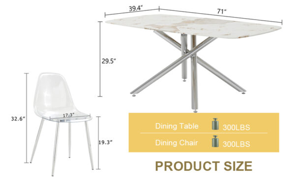 f70519fea31848398c66065bc9f3f02e_6064a58cdcc8bd4ebf6a93f375d7efc3 Table and chair set.Modern Luxurious white Marble-Patterned Tempered Glass Dining Table with 6 Transparent Plastic Chairs with silver legs.Single fork silver metal table legs.